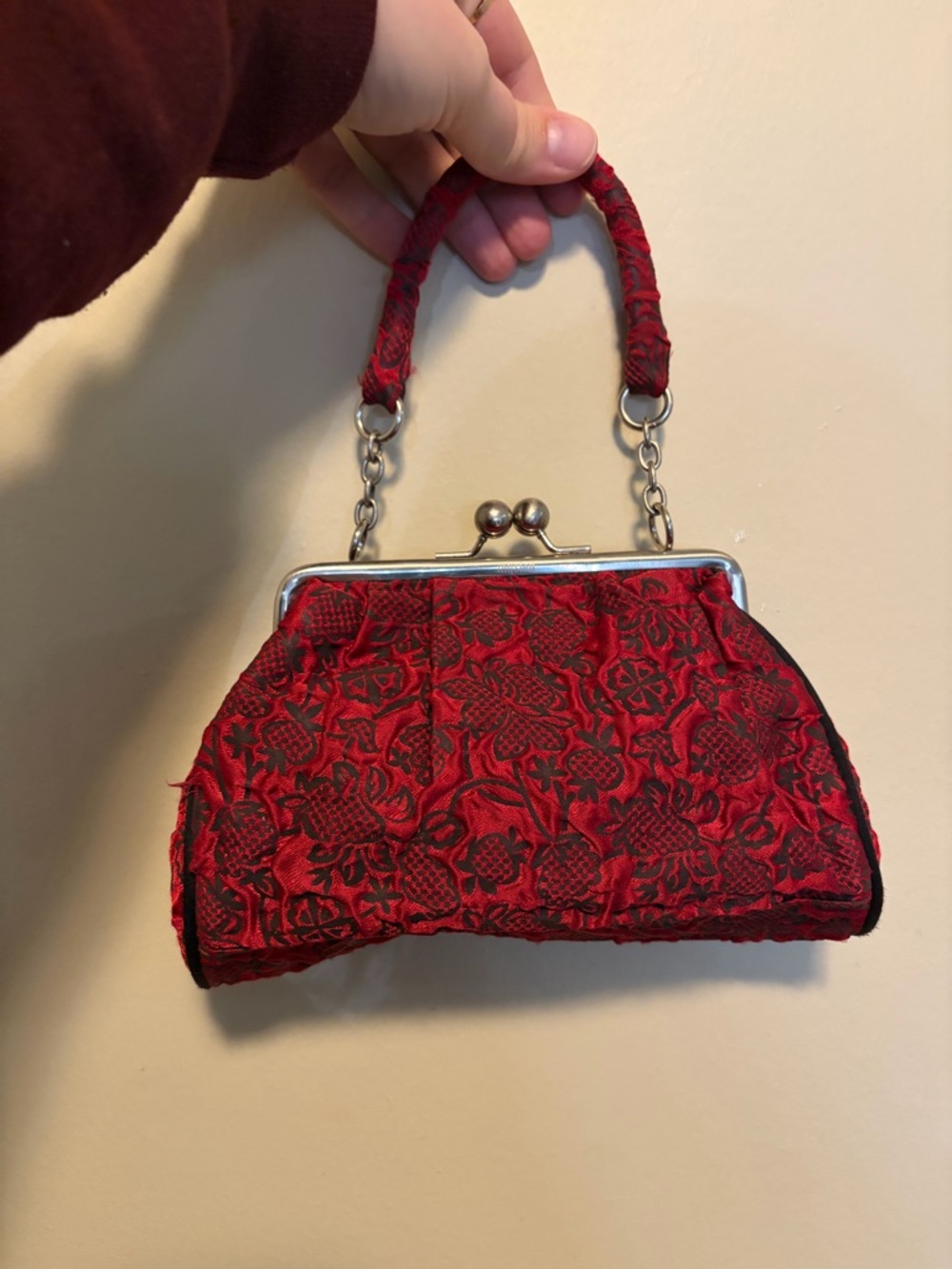 Red Floral Brocade Frame Wristlet Handbag
